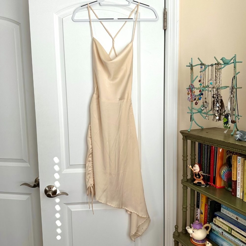 Champagne Slip Satin Silk Cinched Midi Dress